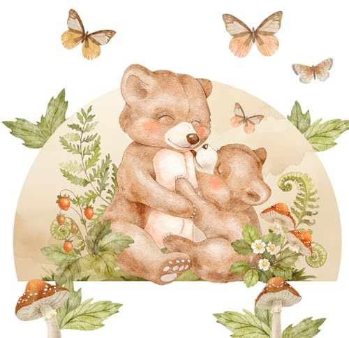 Wally Fox Wandsticker Bärenmutter & Kind grün & braun Größe 13,5-71,5 cm | Eine Bärenmutter mit ihrem Bärenkind und kleine Deko-Teile von 13,5 bis 71,5 Zentimeter in Grün und Braun fürs Kinderzimmer.