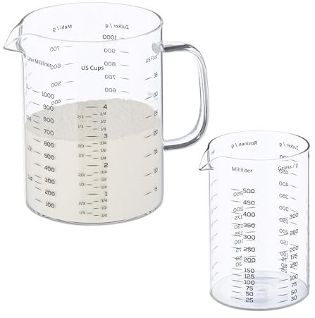 Relaxadys Verre doseur, en lot de 2 (500 ml et 1 l), résistant à la chaleur, bec pratique, transparent