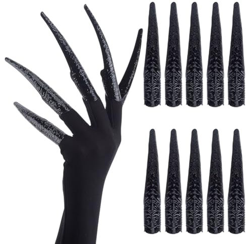 DELORIGIN 10pcs Iron Halloween Finger Protectors with 1 Pair Long Full Finger Glove, Long Finger Claw Gloves Black paw gloves Scary Womens Halloween Costumes Claw Nails For Women Cosplay Party