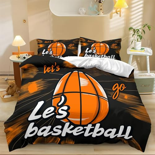 Bettwäsche Drucken Bettbezug Cartoon Sport Basketball mit 2er Kissenbezüge 80x80 cm Orange Schwarz 3 Teilig Microfaser Bettbezug Weich und Bequem Bettwäsche Set mit Reißverschlus 220 x 240 cm