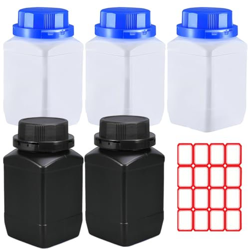 Ksvaye 5 x 500ml Weithalsflaschen, Chemiekalienflasche mit Schraubverschluß+Auslaufsicherer Deckel, Laborflasche HDPE Plastikflaschen mit 16 Etiketten für Labor, Küche & Hobby (3XWeiß + 2XSchwarz)