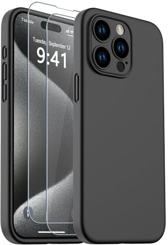 CASELIVE for iPhone 15 Pro Max Case, Liquid Silicone Case with [Tempered Glass Screen Protector] Full Body Shockproof Anti-Scratch Soft Microfiber Lining Cover for iPhone 15 Pro Max 6.7''(Black)
