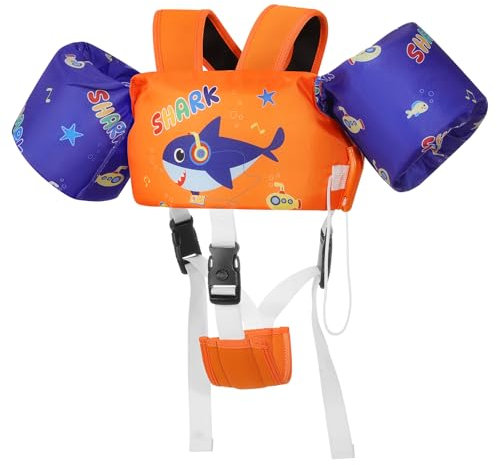 MoKo Chaleco Flotante de Natación para Niños, Manguito Flotador para Niños con Correa Ajustable para Niños de 20-50 lbs, Flotador de Piscina Aprender a Nadar Piscina Playa, Naranja Azul Tiburón