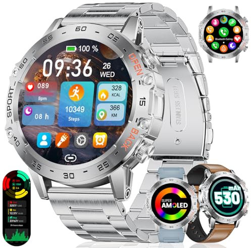 LIGE FV10 Reloj Inteligente Hombre con 530mAh, 1,45'' AMOLED Militar Smartwatch Hombre con Llamadas Bluetooth, 110+ Modos Deporte, Frecuencia Cardíaca/SpO2, 3ATM Impermeable para Android iOS, Plata