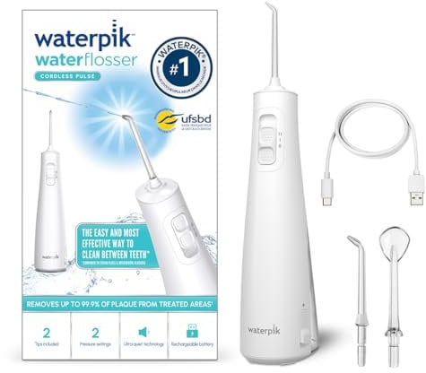Waterpik Pulse Munddusche kabellos, Professionelle 99,9% Plaque Entfernung, 2x Intensitätsmodi, Zahnzwischenraumreiniger, 45 Sekunden Wassertankkapazität, 2x Aufsätze enthalten, weiß
