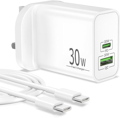 30W USB C Plug UK, 2-Port USB-C & USB-A Fast Charger for Google Pixel 9/9 Pro/8/8a/7/7a/6/6a/5/4/3/XL, iPhone 16 16e 15 Pro Max, Samsung Galaxy S25/S24/S23, iPad, PD Power Adapter + 2M Type C Cable