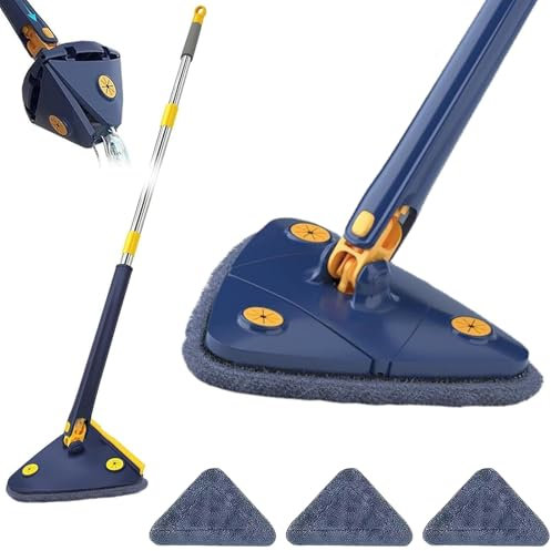 Upattend - Mocio triangolare, girevole a 360°, regolabile, con manico lungo allungabile, strizzatura automatica per pareti, soffitti e angoli (blu)
