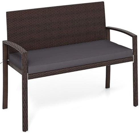 COSTWAY Polyrattan Gartenbank mit Sitzkissen, Balkontank wetterfest, 2-Sitzer Rattan Sitzbank bis 360 kg belastbar, Terrassenbank für Garten, Balkon und Terrasse, 110 x 56 x 84 cm (Grau)