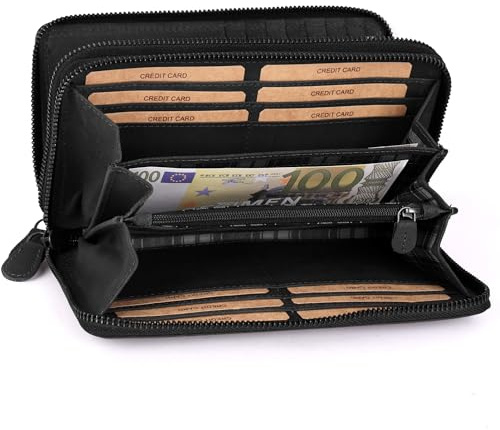 Benthill Geldbörse Groß Leder | Geldbeutel Gross XXL Echtleder | Portemonnaie Frauen mit RFID Schutz | Vintage Portmonee mit vielen Kartenfächer inkl. Geschenkbox, Farbe:Black (H)