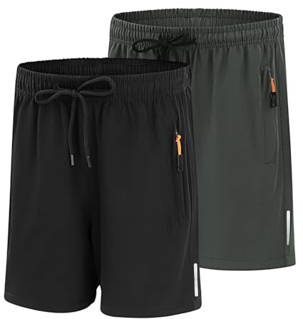 LACOFIA 2 Pack Boys Shorts Summer Quick Dry Lightweight Athletic Kids School Shorts with Zipper Pockets Elastic Waist Black+Grey 11-12 Years