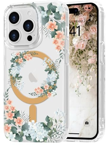 Ethanger Floral Magnetic Case for iPhone 14 Pro Max, Orange | Compatible with Magsafe, Aesthetic Artistic Retro Flower Cover, for Women Girls, Shockproof Protective Phone Case
