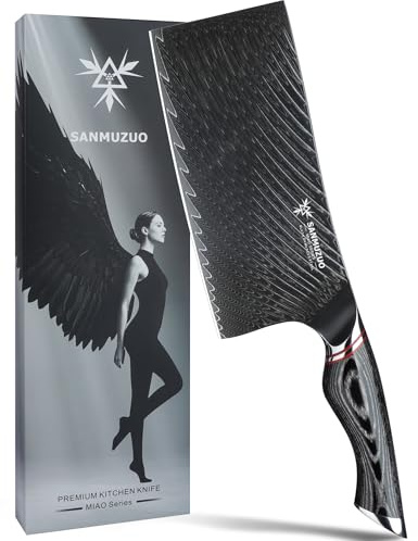 SANMUZUO 18 cm Fleischerbeil – Chinesisches Küchen-Gemüsebeil – Schwarzer Damaststahl mit ergonomischem Griff – Miao Serie