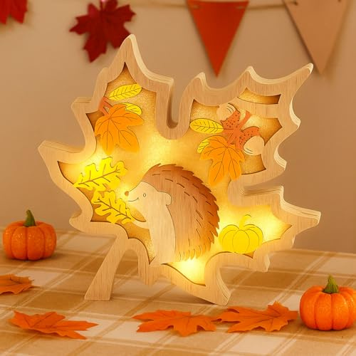 Herbstdeko Kürbis Igel Deko, 3D Holz LED Kürbis Ahornblättern Stimmungsleuchten Thanksgiving Deko, Windlicht Herbst Autumn Decor Mit Warmem LED-Licht, Geschenk Für Thanksgiving Erntedank (A)
