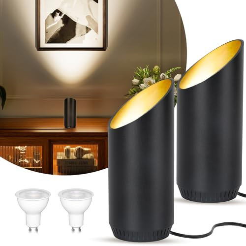 HUAEU LED Floor Uplighter & Spot Lights Indoor with Warm White 3000K, Indoor Uplight Spot for Living Room, Table Lamps & Uplighters for Living Room (2 Pack Black Metal)