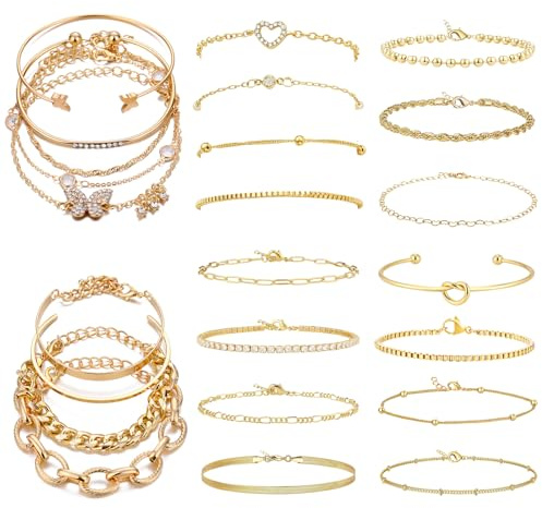 EDLMKM 24PCS Gold Bracelet For Women, Gold Bracelet, Bangles For Womens, Golden Bracelets Stack, Gold Jewellery, Hypoallergenic, Bangles Chain Set Bracelets Stacking Jewellery for Woman Girls