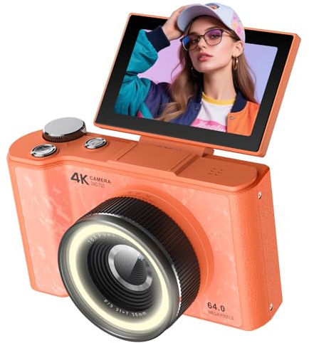 Digital Camera Portable Vlogging Camera with Selfie 3 LCD 180° Flip Screen | 4K Cameras Autofocus Compact Photo Video Cameras with Ring Light, 16X Digital Zoom, 32GB Card for Travel Youtube Beginners