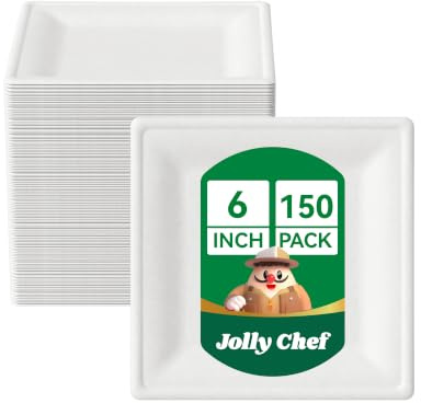 JOLLY CHEF 150 Pack 6 Inch Square Disposable Bagasse Plates Strong White | Disposable Sugarcane Plates, Heavy-Duty Grease & Leak-Proof, Microwave-Safe for Hot & Cold Food, BBQ & Catering