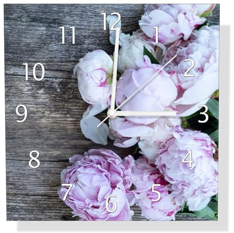 Wallario Design-Wanduhr Pinke Blumen auf Holz aus Glas, Motiv-Uhr Größe 30 x 30 cm, weiße Zeiger