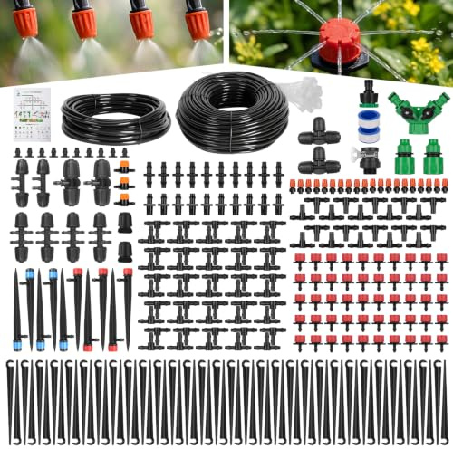 ANOMM 314 Pzs Sistema de Riego Jardín, con Tubería de Riegos de 60M + 15M | Kit de Ajustable Riego por Goteo Automático, Sistemas Riegos Automáticos para Jardin Invernadero Césped Patio Terraza