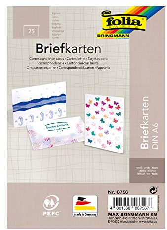 folia 8756 - Briefkarten weiß, DIN A6 einfach, 25 Stück - Doppelkarten zum kreativen Gestalten von Einladungen, Glückwunschkarten