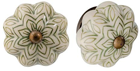 Nicola Spring Ceramic Cupboard Drawer Handle Knobs - Vintage Flower Design - Olive Green - Pack of 12