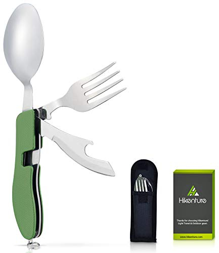 Hikenture Outdoor Besteck 4-In-1 Campingbesteck Messer Gabel Löffel Flaschenöffner Set aus Edelstahl mit Gürteltasche - Klappbesteck für Camping und Outdoor (Grün)