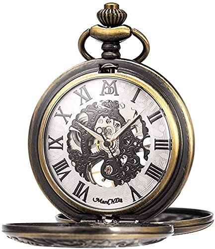 ManChDa Unisex Taschenuhr mit Kette Analog Handaufzug Antik Handaufzug Skelett MenchanischTaschenuhr Bronze