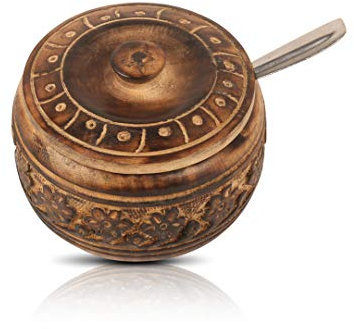 Decorative Rustic Wooden Sugar Bowl & Spoon With Lid Wide Mouth Candy Treat Jar Spice Jar Holder Condiment Nuts Serving Bowl Pot Salt Spice Herb Loose Leaf Tea Storage Container Novelty Home & Kitchen