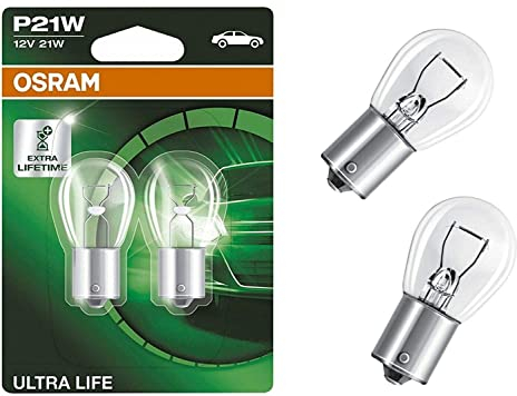 2x Osra.m Ultra Life P21W 12V BA15s 7506ULT-02B Weiß Ersatz Halogen Birne für Tagfahrlicht Rücklicht Bremslicht Hecklicht Blinker E-geprüft