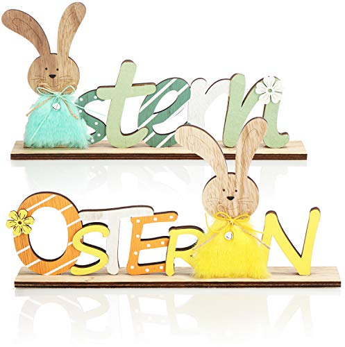 COM-FOUR® 2X Deko Aufsteller für Ostern - Schriftzug mit Osterhasen - Osterdeko zum Hinstellen - Osterdekoration aus Holz