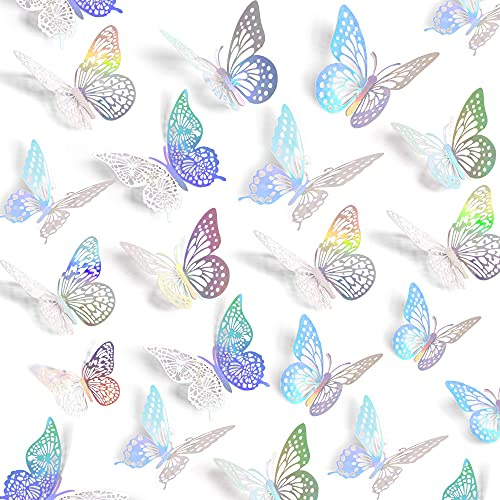 SAOROPEB 3D Butterfly Wall Decor 48 Pcs Laser Butterfly Birthday Decoration
