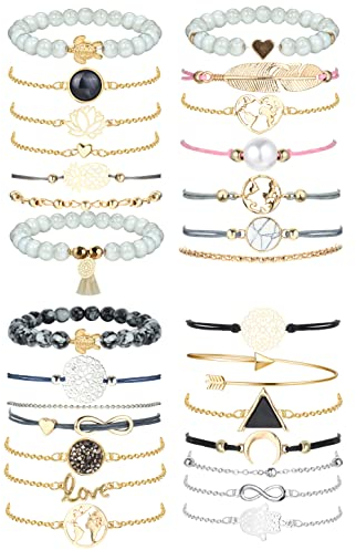 JeweBella 28 Stück Böhmen Armband Set für Damen Mädchen Verstellbare Manschette Mehrschichtige Armband Anhänger Türkis Form Perlen und Quaste Elastisches Geschenk Schmuck
