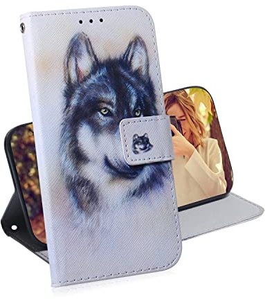 Hülle für Motorola One Fusion, Tierbild Brieftasche Schutzhülle, Kartenschlitz Magnetknopf Stoßfeste Handyhülle für Motorola One Fusion Hülle PU Leder, Weißer Wolf