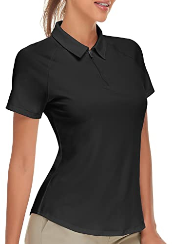 Soneven Sport Tshirts Damen Fitness Kurzarm Poloshirt Damen Funktionsshirt Kurzarm Longshirt Polohemd für Golf Tennis Fitness Schwarz S