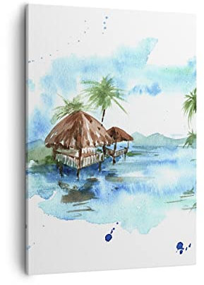 Bilder auf Leinwand Tropen Wasser Bungalow Ufer Leinwandbild mit Rahmen 50x70cm Wandbilder Dekoration Wohnzimmer Schlafzimmer Küche Deko Groß Wanddeko Bild Wand Kunstdruck Art Wall Canvas PA50x70-2988