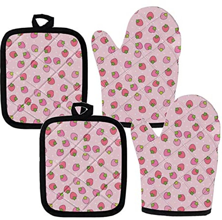 UNICEU Lot de 4 maniques et maniques roses en forme de fraise - Motif mignon - Résistants à la chaleur - Pour pâtisserie, grillades et cuisine