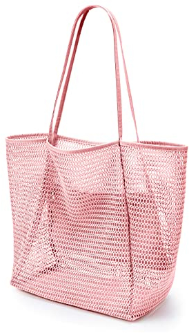 KALIDI Mesh Tote Bag,23L Beach Bag Extra Large Tote Bags for Women with Zip Pocket Shoulder Bag Summer Beach Bags Reusable Shopping Bag for Picnic Holiday Travel Grocery,pink