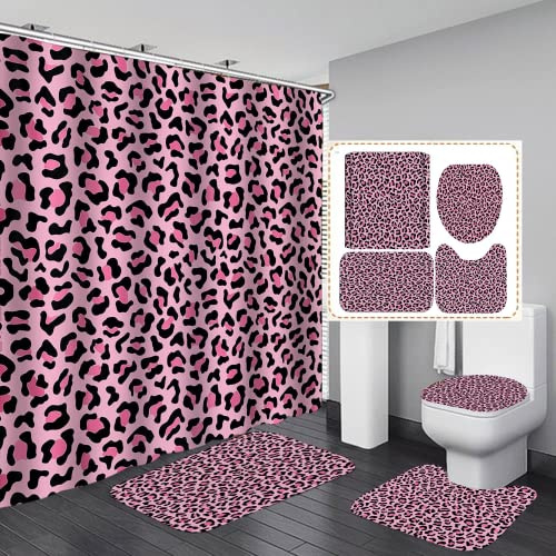 jieprom 4PCS Pink Leopard Print Shower Curtain Set with Non-Slip Rug, Toilet Lid Cover and Bath Mat, Shower Curtain with 12 Hooks, Durable Waterproof Shower Curtain for Bathroom Set
