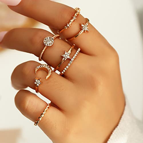 Carufin Kristall Knöchelringe Set Stern Ring Gold Mond Fingergelenk Stapelbarer Ring für Frauen und Mädchen