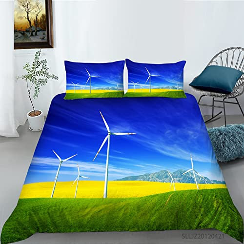 Juego De Funda Nórdica para Niños Y Niñas Molino De Viento Molino De Viento Electrico Juegos De Cama De Microfibra 3D con Fundas De Almohada Juego De Funda Nórdica Impresa Funda De Edredón De 3 Pieza