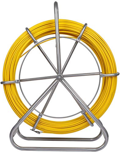 FAHKNS 425FT Fish Tape Fiberglass 1/4 inch(6MM) Fishing Wire Puller Duct Rodder Cable Running Electrical Fishtape Tool Rod with Steel Reel Stand Through Wall Pipe Length Marking in Meter