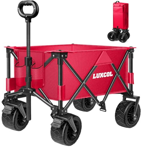 LUXCOL Chariot de Plage Pliable et Robuste avec Grandes Roues, poignée réglable et Porte-Boissons pour Le Shopping, Le Camping, Le Jardin et l'extérieur