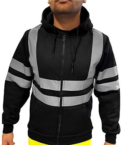 Sweatjacke Herren Sicherheitsjacke mit reflektierenden Streifen, Warnschutzjacke mit Kapuze, Pulli Berufsjacke Langarm Warnjacke Schwarz M