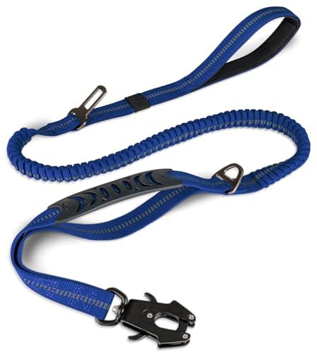 Joytale Taktische Hundeleine, 1.2m-1.8m Bungee Hundeleine Reflektierend mit 2 Gepolsterten Griffen, Autosicherheitsgurt, Leine Hund ohne Zugkraft für Mittelgroße, Große, X-Große Hunde, Navy Blau