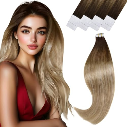 Vivien Balayage Extensions Echthaar Tapes Blond 35cm Echthaar Tape in Haarverlängerungen Remy Braun Ombre Platinblond Kurz 50g 20Pcs #4/14/60