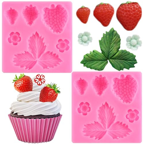 RFGHAC Lot de 2 moules en silicone en forme de fraise pour décoration de gâteaux de fruits, pâte à sucre, pâte à sucre