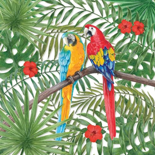 Ambiente Serviette Papageien 20 Stk. 33x33 cm Papier Sommermotiv einseitig bedruckt weiß Rückseite viertel Motiv ideal für Serviettentechnik und Decoupage