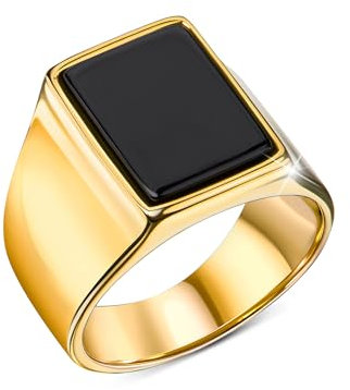 DJADEE Dezent Ring Gold Herren Edelstahl 18 Karat 750 Gold vergoldet Onyx Stein schwarz Geschenk für Männer Goldring wasserfest (18,1 mm Ø - 57)