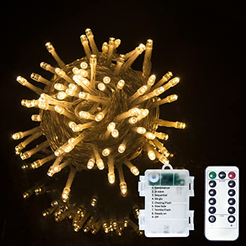 LED Batterie Lichterkette auf Durchsichtigem Kabel, Fernbedienung Batteriebetriebene Beleuchtung, für Weihnachten Baum Garten Hochzeit Feiertag Party (Warmweiß, 100LED)