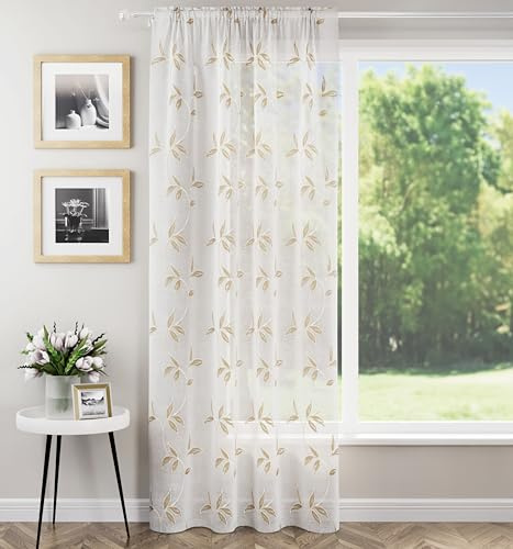 Tyrone Textiles Oasis Natural Voile Curtain 55 x 72 Inch (140 x 183cm) Rod Pocket Embroidered Leaf Design Single Voile Panel Sheer Curtains for Living Room, Bedroom & Patio Door